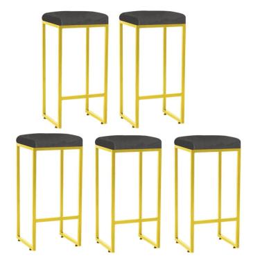 Imagem de Kit 05 Banqueta Alta Lara Para Cozinha Bar Balcão Bistrô Churrasqueira Ferro Dourado Corino Cinza