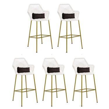 Imagem de Kit 05 Banqueta Alta Com Encosto Sttar Balcão Ferro Dourado Fibra Branco Almofada Corino Marrom