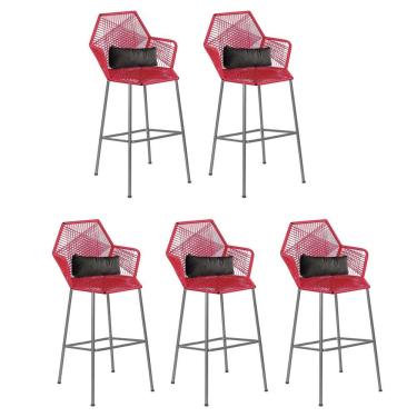 Imagem de Kit 05 Banqueta Alta Sttar Ferro Prata Fibra Vermelho Almofada Sintético Cinza