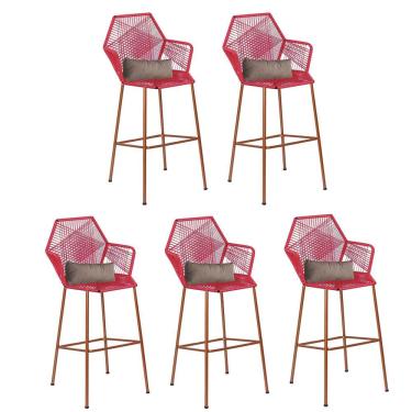 Imagem de Kit 05 Banqueta Alta Com Encosto Sttar Balcão Ferro Bronze Fibra Vermelho Almofada Sintético Bege