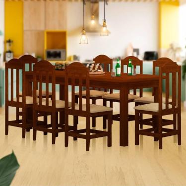 Imagem de Mesa De Jantar 200cm Madeira Maciça 8 Lugares Estofados Castanho Jm Móveis