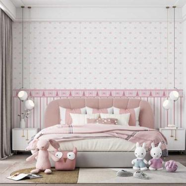 Imagem de Papel de Parede Coroas Rosa Com Barrado Listras Rosa - GH Papel de Par