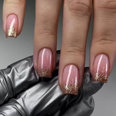 Imagem de RUOKEXIN Unhas Postiças Quadradas Médias, Ponta Francesa, Glitter Dourado Falso Com Desenhos, Cola Rosa De Cobertura Total, Brilhante, Artificial, Bastão Fofo Para Mulheres, 24 Peças