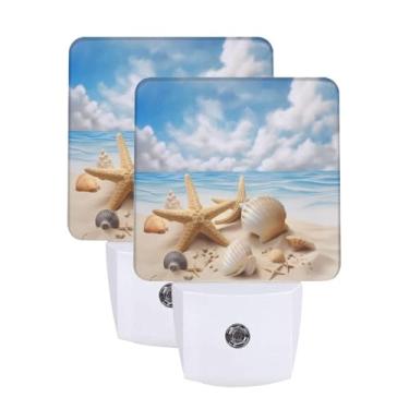 Imagem de Aieefun Conjunto De 2 Luzes Noturnas Led Aieefun, Estrelas Do Mar E Conchas Na Praia Com Céu Azul Brilhante, Estilo Verão, Lâmpada Sensor Automático Anoitecer Ao Amanhecer, Plug-In, Decoração Para C