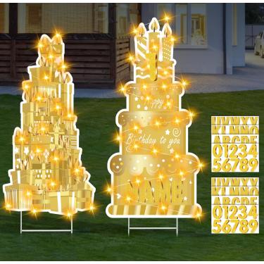 Imagem de Yoirrat Placa De Feliz Aniversário Com Estacas Para Decoração, Luzes Led, Gramado Branco Dourado, 27,6" Grandes Placas Personalizadas, Adesivos Letras E Números, Celebrações Decoração Festas