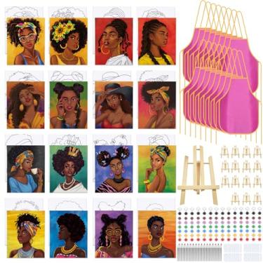 Imagem de VOCHIC Pacote com 16 kit de pintura e sip para adultos tela pré-desenhada para pintar para adultos iniciantes Afro Queen conjunto de pintura artística preta com cavaletes avental meninas suprimentos