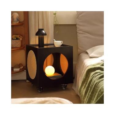 Imagem de Mesa De Cabeceira Estreita Com Laterais De Vime, De Madeira Maciça Com Rodas Universais Para Quarto, Sala De Estar, Dormitório(Black)