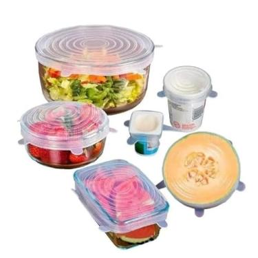 Imagem de Kit 6 Peças Tampas Silicone Universal Reutilizáveis Flexíveis Herméticas Compatíveis Com Potes Panelas Frutas Geladeira Congelador (Transparente)