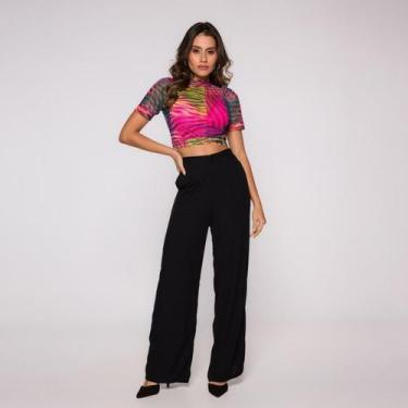 Imagem de Blusa Cropped Manga Curta em Tule Estampado - Croppeds Store, P, Apcol