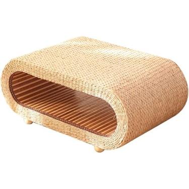 Imagem de Mesa De Chá Sala De Estar Rattan Tatami Mesa De Centro Mesa Oval Japonesa Mesa De Jantar Pequena, Yellow, 58 * 43 * 34cm