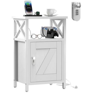 Imagem de runjuly Criado-Mudo De Madeira Com Fechadura, Gavetas Para Mesa Cabeceira, Estação Carregamento 3 Usb E 2 Tomadas, Armazenamento Criado-Mudo, Mesas Laterais Sala Estar, Quarto, Dormitório, Branco