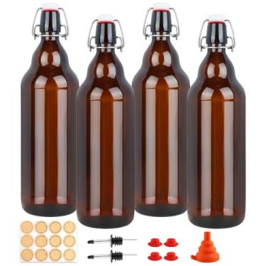 Imagem de HWASHIN Garrafas de vidro Amber Swing Top 946 ml, pacote com 4 garrafas flip top com tampa hermética para fabricação caseira, kombucha, cerveja, kefi, bebidas
