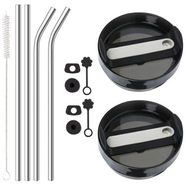 Imagem de Pacote com 2 tampas à prova de vazamento com 4 canudos de metal de aço inoxidável reutilizáveis SUS 304 para copo Stanley de 1,134 g, tampa de derramamento de acessórios Stanley Cup (transparente e