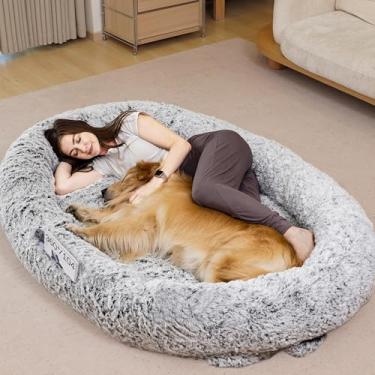 Imagem de Cama para cães humanos, 199 x 119 x 35 cm, tamanho adequado para adultos e animais de estimação, cama de cachorro gigante, cinza