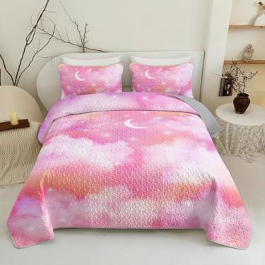 Imagem de QOOMO Jogo de cama infantil fofo com estampa de céu estrelado para decoração de quarto, conjunto de cama rosa, 3 peças, colcha com 2 fronhas, macio e leve para todas as estações, tamanho casal/queen