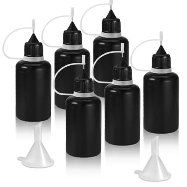 Imagem de HARSKIYER Frasco aplicador de ponta de precisão de 30 ml, 6 peças de garrafas pretas de apertar com ponta de agulha fina com 2 mini funil, aplicador de linha fina com tampas à prova de vazamento para