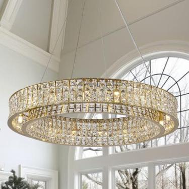 Imagem de Akeelighting Lustres De Cristal Modernos, Lustre De Jantar De Latão, Redondo, 16 Luzes, Luminária De Teto Suspensa Contemporânea, Entrada, Sala De Estar, Quarto, Mesa De Jantar, Lustre De 32"