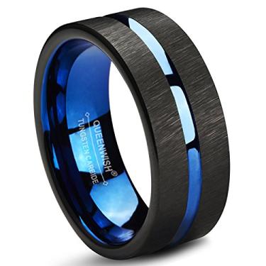 Imagem de Queenwish Aliança de casamento de tungstênio infinito 8 mm azul linha preta anel de casal escovado com caixa de joias