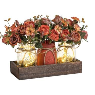 Imagem de 3 peças de decoração de mesa de centro de mesa flores falsas flores azuis artificiais decoração de centro de mesa rústica de primavera com bandeja de madeira e decorações de mesa leve para casa