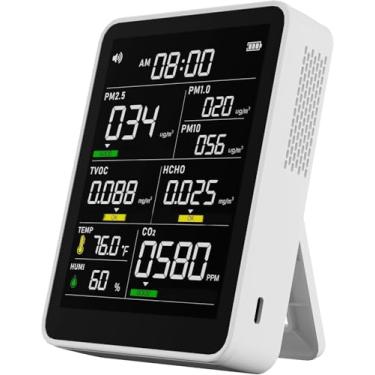Imagem de Monitor profissional de qualidade do ar interno com 9AQI + 7 campainhas de alerta AQI PM2.5/PM10/CO2/temperatura/detector de formaldeído/TVOC/visor de tempo para casa, carro, escritório, escola,