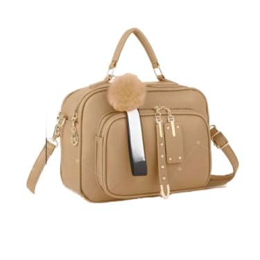 Imagem de Bolsa Feminina Com Chaveiro Pompom Tira Colo Faixa de Mão De Couro Tranversal (Caqui Claro - DEC6012#)