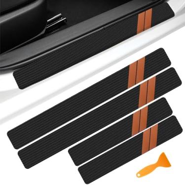 Imagem de vvag 4 peças de protetor de soleira de porta, 39.9 cm x 6.9 cm + 59.9 cm x 7.9 cm adesivos decorativos de proteção de porta automotivo de fibra de carbono com raspador de plástico para Dodge Charger