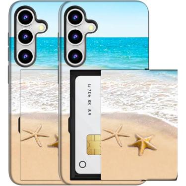 Imagem de MUQR Capa compatível com Samsung Galaxy S23 FE com suporte de cartão fofo - Design Kawaii, proteção contra quedas de nível militar, capa carteira robusta para mulheres (praia preta estrela do mar