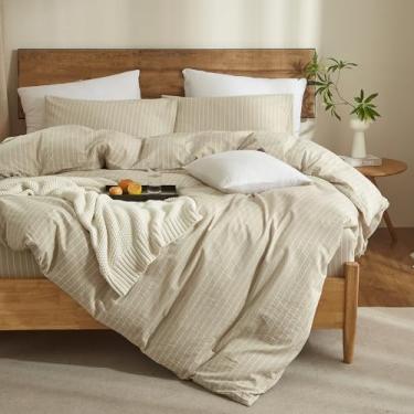 Imagem de MWL Toy Conjunto de capa de edredom listrado, chique, linho, texturizado, 100% algodão lavado, capa de edredom para todas as estações, respirável e durável (riscas largas bege branco, casal)