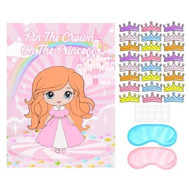 Imagem de Pin The Crown on The Princess Party Game for Girls – Princess Birthday Game with 24 Crown Stickers Blindfolds Large Poster – Perfect for Pink Green Themed Parties & Carnival Fun