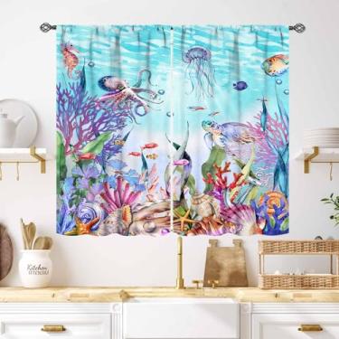 Imagem de Cortina costeira náutica, temática oceânica, concha, praia, estrela-do-mar, cavalo-marinho, verão, azul, subaquática, tratamentos de janela para quarto, sala de estar, banheiro, 2 painéis, 139 x 99 cm