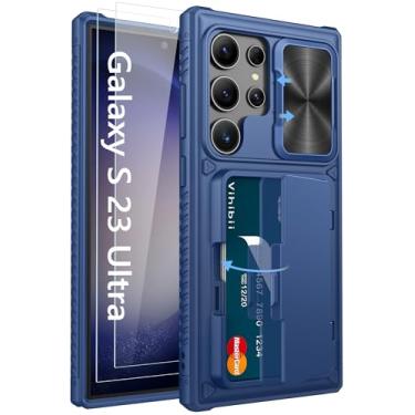 Imagem de Vihibii Capa para Samsung Galaxy S23 Ultra com suporte para cartão (4 cartões), protetor de tela de vidro temperado embutido 2X e capa de câmera deslizante e suporte, capa de telefone robusta e à