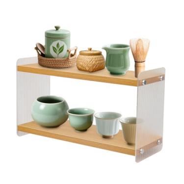 Imagem de Klmnop Organizador de estação Matcha, 2 camadas de madeira acrílica Matcha, prateleira com suporte para bancada de cozinha, organizador de cafeteria para loja, canecas de chá verde em pó, agitadores