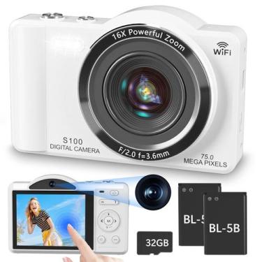 Imagem de Câmera digital Gavonde 4K 75MP WiFi Vlogging com cartão de 32 GB e 2 b
