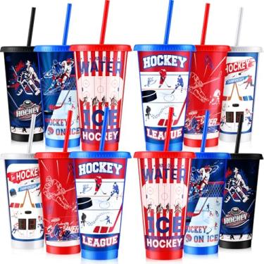 Imagem de Paterr 12 peças de copos de plástico de hóquei com tampas e canudos, copos reutilizáveis, lembrancinha de festa de hóquei, caneca de café gelado, garrafa de água para decoração de festa de aniversário