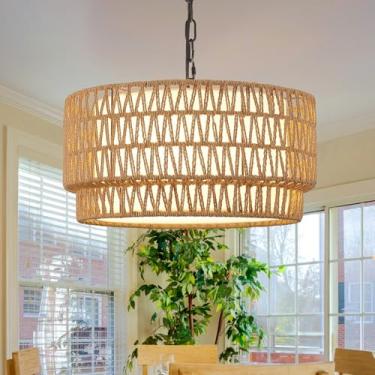 Imagem de Heircido Luminárias pendentes de vime, lustres de 3 luzes para sala de jantar, 2 camadas Boho Woven 45.7 cm moderno iluminação de tambor suspenso com sombra de tecido para sala de estar cozinha ilha