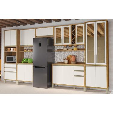 Imagem de Kit Cozinha Modulada 9 Peças Tempranillo (3Aéreos+2Balcões+1Cristaleira+1TorreQuente+2Complementos) C9P78 Amendoa/Off White-Ronipa