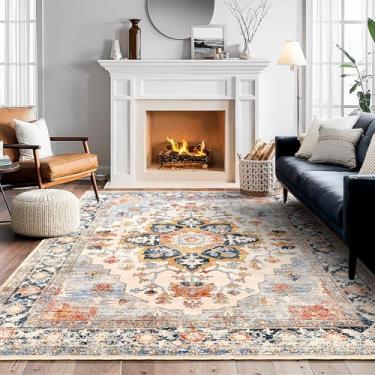 Imagem de RIMAYA Tapete de área lavável à máquina de 1,5 x 2,1 m, tapetes grandes ultra macios de 213 x 152 cm com suporte antiderrapante e encadernação de borda durável, tapete vintage fofo de pelo baixo para