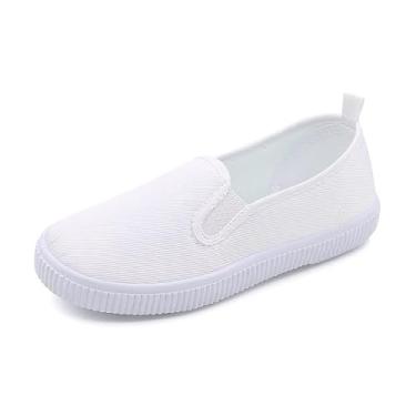 Imagem de HOVELL Tênis infantil de lona branco infantil clássico sem cadarço para meninas e meninos tênis de corrida casual, Branco/A, 16