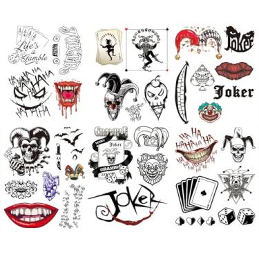 Imagem de Tatuagens temporárias do Coringa para adultos, 35 estilos Coringa HaHa Boca Adesivos de tatuagem falsos à prova d'água para mulheres e homens, fantasia de dados de pôquer de palhaço, cosplay
