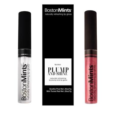 Imagem de Boston Mints Conjunto duplo de lábios Plump & Shine - Gloss labial vermelho Mint Tucket (0,74 g) e Lip Plumper Southie Pout (0,708 g) - Brilho labial vegano naturalmente refrescante