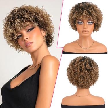 Imagem de PEACOCO Peruca Bob Curto Curto Cabelo Humano Afro Crespo Encaracolado Perucas de Cabelo Humano para Mulheres Negras 20 cm Peruca Curta Encaracolada com Franja Sem Cola, 1B/30
