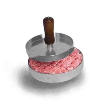 Imagem de Modelador de Hambúrguer em Alumínio, Prensa para Carne, Diâmetro 12 cm, com Alça de Madeira