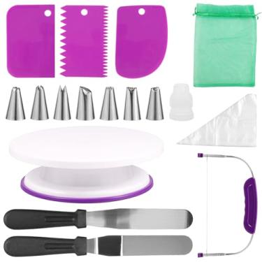 Imagem de 35 kits de suprimentos de decoração de bolos com suporte de bolo e nivelador, 7 pontas de cobertura e 20 sacos - conjunto de 3 raspadores de espátula reta e deslocada, kit de suprimentos de decoração