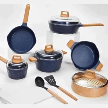 Imagem de Conjunto de Panelas Antiaderentes de Mármore Cerâmico 13 Peças Alumínio Fundido Revestimento Duplo Frigideira Caçarola Cesto a Vapor Espatulas de Silicone Idel Para Sua Cozinha Linha Premiun