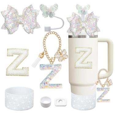 Imagem de Liangang Conjunto de acessórios de copo branco de 7 peças para Stanley 850 g 1,134 g, incluindo bota, tampa à prova de derramamento, capa de canudo de borboleta, letra adesiva, pingentes de letras