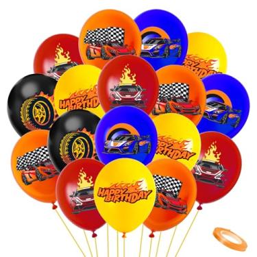 Imagem de Merihap 35 balões de festa de aniversário de carro de corrida, vermelho, azul, laranja, amarelo, preto, decoração de festa temática de corrida, design de bandeira quadriculada