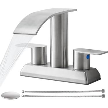 Imagem de IKEBANA Torneira de banheiro com cascata de níquel escovado, 2 alças de aço inoxidável, torneira de pia de banheiro de 10 cm, torneira moderna de bico de cascata, torneira de pia de banheiro sem