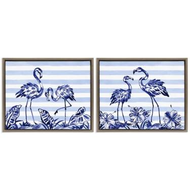 Imagem de Stupell Industries Conjunto de tela flutuante com moldura marrom de 2 peças de flamingos e listras pinceladas, design de Paul Brent, 43 x 53 cm