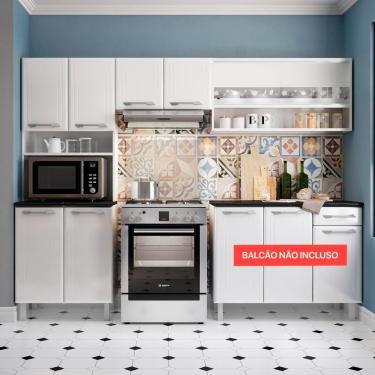 Imagem de Cozinha Compacta de Aço Completa Topázio Armário Aéreo Paneleiro 8 Portas 4 Prateleiras Branco