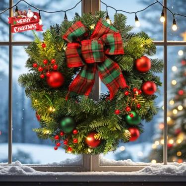 Imagem de WONDER GARDEN Guirlanda de Natal com luzes, guirlanda de Natal pré-iluminada de 50 cm com laço xadrez vermelho, frutas vermelhas e bolas, decoração de férias operada por bateria para porta de lareira